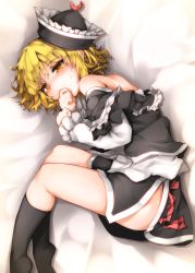 Rule 34 | 1girl, bare shoulders, black socks, blonde hair, blush, check commentary, commentary, commentary request, covering own mouth, hat, highres, kazetto, long sleeves, lunasa prismriver, lying, no panties, off shoulder, on side, shirt, side slit, skirt, skirt set, socks, solo, touhou, yellow eyes