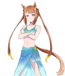 Rule 34 | 1girl, animal ears, bare shoulders, bikini, blue bikini, brown hair, closed mouth, cosplay, crossed arms, enomori neko, feet out of frame, flat chest, frown, hair rings, horse ears, horse girl, horse tail, long hair, looking at viewer, navel, purple eyes, sarong, silence suzuka (emerald on the waves) (umamusume), silence suzuka (umamusume), silence suzuka (umamusume) (cosplay), simple background, solo, standing, sweep tosho (umamusume), swimsuit, tail, twintails, umamusume, v-shaped eyebrows, white background, wristband