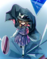 Rule 34 | 1girl, bad id, bad pixiv id, blue background, blurry, brown hair, cape, clothes writing, depth of field, from above, gloves, hat, hat ribbon, highres, kneehighs, long sleeves, looking at viewer, low twintails, nori (stak819), quimbaya airplane, ribbon, road sign, short hair, sign, simple background, skirt, skirt set, smile, socks, solo, touhou, twintails, usami sumireko, white socks, wind, wind lift