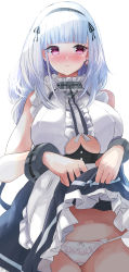 Rule 34 | 1girl, absurdres, anchor choker, apron, azur lane, bare shoulders, black hairband, blush, breasts, center frills, choker, closed mouth, clothing cutout, dido (azur lane), dress, earrings, frilled apron, frilled choker, frills, hairband, heart, heart earrings, highres, jewelry, lace-trimmed hairband, lace trim, large breasts, lifted by self, long hair, looking at viewer, maid, maid apron, panties, pink eyes, purple eyes, silver hair, simple background, sleeveless, solo, sono mata, thighhighs, underboob, underboob cutout, underwear, waist apron, white apron, white background, white panties, white thighhighs