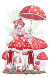 Rule 34 | 1girl, absurdres, anklet, asymmetrical legwear, autumn leaves, back bow, belt, blush, bob cut, border, bow, braid, braided bangs, center frills, choker, closed mouth, cloud, dot mouth, dress, dress bow, earrings, food-themed hair ornament, frilled sleeves, frilled umbrella, frills, full body, grass, green sky, hair ornament, hand on own cheek, hand on own face, hands up, head tilt, highres, holding, holding umbrella, jewelry, kumu zaisheng, lace, lace-trimmed legwear, lace trim, long sleeves, looking to the side, multicolored hair, mushroom, mushroom girl, mushroom hair ornament, mushroom on head, mushroom umbrella, orange bow, original, outside border, personification, pigeon-toed, red belt, red bow, red choker, red dress, red eyes, red footwear, red hair, red nails, red umbrella, single sock, single thighhigh, socks, solo, standing, streaked hair, thigh strap, thighhighs, umbrella, uneven legwear, watermark, white border, white hair, white socks, white thighhighs, wide sleeves