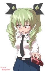 Rule 34 | 1girl, absurdres, anchovy (girls und panzer), anzio school uniform, averting eyes, black necktie, black ribbon, blue skirt, blush, cowboy shot, dated, dress shirt, drill hair, drops mint, emblem, frown, gift, girls und panzer, giving, green hair, hair ribbon, highres, holding, holding gift, long hair, long sleeves, miniskirt, necktie, open mouth, pleated skirt, red eyes, ribbon, school uniform, shirt, simple background, skirt, solo, standing, sweatdrop, tsundere, twin drills, twintails, valentine, white background, white shirt, wing collar