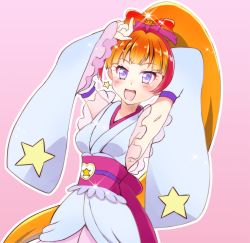Rule 34 | 1girl, :d, amanogawa kirara, armpits, blonde hair, blunt bangs, blush, bow, breasts, brooch, brown hair, character request, cowboy shot, cure fortune, cure fortune (anmitsu komachi), cure twinkle, detached sleeves, floating hair, go! princess precure, gradient hair, hair bow, heart, heart brooch, high ponytail, highres, japanese clothes, jewelry, kaatsu katsurou, kimono, long hair, long sleeves, multicolored hair, obi, open mouth, orange bow, pink background, precure, print sleeves, purple bow, purple eyes, sash, short kimono, sideboob, simple background, sleeveless, sleeveless kimono, small breasts, smile, solo, sparkle, standing, star (symbol), star print, very long hair, white kimono, white sleeves, wide sleeves