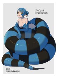Rule 34 | 1girl, artist name, black nails, black scales, blue hair, blue scales, commission, fingernails, forked tongue, full body, grey background, hair bun, highres, kizuta (barometz), lamia, long pointy ears, looking at viewer, monster girl, nail polish, original, pointy ears, scales, sharp fingernails, short hair, skeb commission, slit pupils, solo, tongue, tongue out, yellow eyes