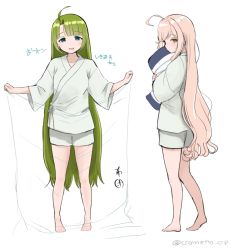 Rule 34 | ahoge, barefoot, blue eyes, blunt bangs, brown eyes, closed mouth, green hair, hair down, holding, kantai collection, long hair, makigumo (kancolle), mole, mole under eye, hugging object, open mouth, pajamas, pillow, pillow hug, pink hair, shorts, simple background, sketch, someno haru, standing, twitter username, very long hair, white background, wide sleeves, yuugumo (kancolle)