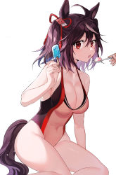 Rule 34 | 1girl, akitsuki (oenothera), animal ears, black hair, black one-piece swimsuit, breasts, cleavage, collarbone, commentary request, from side, hair between eyes, hair ornament, highres, horse ears, horse girl, kitasan black (umamusume), large breasts, looking at viewer, one-piece swimsuit, parted bangs, pink one-piece swimsuit, red eyes, short hair, simple background, solo focus, swimsuit, tassel, tassel hair ornament, thighs, umamusume, white background