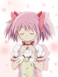 Rule 34 | 1girl, kaname madoka, kaname madoka (magical girl), kinfuji, magical girl, mahou shoujo madoka magica, pink hair, puffy sleeves, short twintails, smile, solo, twintails