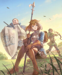 Rule 34 | 1girl, 2boys, absurdres, armor, belt, blue eyes, blue sky, boots, bow (weapon), brown bag, brown footwear, brown hair, chainmail, character request, chloe (unicorn overlord), closed mouth, commentary request, haccan, highres, holding, holding bow (weapon), holding polearm, holding weapon, medium hair, multiple boys, on grass, outdoors, parted lips, polearm, shield, short hair, sitting, sky, spear, sunlight, thigh boots, unicorn overlord, weapon