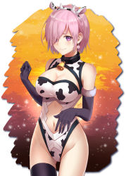 Rule 34 | 1girl, adapted costume, alternate costume, bare shoulders, black thighhighs, blush, breasts, cleavage, cleavage cutout, clothing cutout, fate/grand order, fate (series), gloves, hair over one eye, highres, ironatsuki, large breasts, light purple hair, looking at viewer, mash kyrielight, navel, neck bell, purple eyes, short hair, smile, thighhighs, thighs