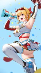 Rule 34 | 1girl, absurdres, arm warmers, armpits, artist request, blonde hair, braid, breasts, cheerleader, choker, confetti, cowboy shot, earrings, glasses, glasses on head, hair ribbon, hairband, highres, hololive, hololive indonesia, jewelry, kaela kovalskia, large breasts, midriff, miniskirt, navel, open mouth, red eyes, ribbon, shoes, short hair, skirt, sky, sneakers, thighhighs, virtual youtuber, white choker, zettai ryouiki