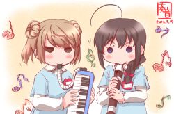 Rule 34 | 10s, 2016, 2girls, aged down, ahoge, alternate costume, blonde hair, blue eyes, blush stickers, braid, brown eyes, brown hair, commentary request, dated, flute, hair bun, hair over shoulder, hair ribbon, highres, holding flute, holding instrument, instrument, kanon (kurogane knights), kantai collection, keyboard (instrument), kindergarten uniform, long hair, long sleeves, melodica, michishio (kancolle), mouth hold, multiple girls, musical note, quaver, recorder, ribbon, shigure (kancolle), short sleeves, short twintails, twintails