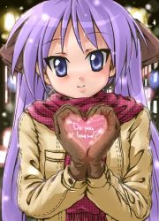Rule 34 | 00s, buttoned cuffs, buttons, coat, gloves, heart, heart hands, heart in heart hands, hiiragi kagami, lucky star, scarf, solo
