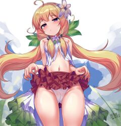 Rule 34 | 1girl, ahoge, bare shoulders, blonde hair, blush, breasts, cameltoe, cleft of venus, clothes lift, damarinasai (mineo), dress, duel monster, flower, gradient dress, hair flower, hair ornament, highres, leaf, lifting own clothes, long hair, midriff, navel, panties, plant, purple eyes, red skirt, side-tie panties, skirt, skirt lift, sky, small breasts, solo, standing, thighs, traptrix nepenthes, twintails, underwear, white dress, white panties, yu-gi-oh!