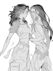 Rule 34 | 2girls, ahndory, blush, commentary, english commentary, eye contact, greyscale, hand on another&#039;s arm, highres, long hair, looking at another, midriff, monochrome, multiple girls, original, pants, parted lips, shirt, short sleeves, t-shirt, yuri