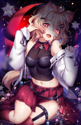 Rule 34 | 1girl, animal ear fluff, animal ears, artist name, bare shoulders, black ribbon, black shirt, breasts, brown hair, collared shirt, constellation, crescent, fangs, feet out of frame, gem, glowing, glowing eyes, hair between eyes, hair ornament, hairclip, hands up, highres, jacket, kneehighs, long sleeves, looking at viewer, midriff, navel, off shoulder, open clothes, open jacket, open mouth, original, planet, planetary ring, pleated skirt, red eyes, red gemstone, red skirt, red socks, ribbon, ribbon trim, shirt, single kneehigh, single sock, single thighhigh, sitting, skirt, sleeveless, sleeveless shirt, sleeves past wrists, small breasts, small stellated dodecahedron, socks, solo, squchan, tail, thighhighs, tongue, tongue out, virtual youtuber, white jacket