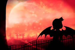 Rule 34 | 1girl, akyuun, bat wings, full moon, light particles, moon, path, railing, red moon, remilia scarlet, road, silhouette, solo, torii, touhou, tree, wings