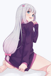 Rule 34 | 10s, 1girl, ass, bad id, bad pixiv id, blue eyes, blush, bow, closed mouth, clothes tug, eromanga sensei, from behind, hair bow, highres, izumi sagiri, long hair, looking at viewer, mitsukichi, open mouth, pink bow, silver hair, simple background, sitting, thighs, wariza, wavy mouth, white background