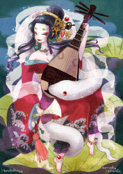 Rule 34 | 1girl, artist name, barefoot, biwa lute, black hair, blue eyes, breasts, cleavage, colored skin, comb, eyeshadow, hair ornament, hair stick, hair up, harokellogg, highres, instrument, japanese clothes, jewelry, kanzashi, kimono, lipstick, long hair, long sleeves, looking at viewer, lute (instrument), makeup, music, necklace, nihongami, original, playing instrument, plectrum, red eyes, red kimono, snake, tassel, wave print, white skin, white snake