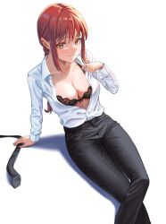Rule 34 | 1girl, black bra, black necktie, black pants, bra, braid, braided ponytail, breasts, chainsaw man, cleavage, closed mouth, clothes pull, collared shirt, feet out of frame, from above, hand up, highres, kadokadokado, long hair, long sleeves, makima (chainsaw man), medium breasts, necktie, unworn necktie, open clothes, open shirt, pants, pulling own clothes, red hair, ringed eyes, shirt, shirt pull, shirt tucked in, simple background, sitting, smile, solo, unbuttoned, unbuttoned shirt, underwear, white background, white shirt, yellow eyes