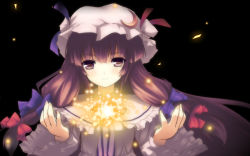 Rule 34 | 1girl, cropped, female focus, glowing, hat, highres, patchouli knowledge, purple eyes, purple hair, smile, solo, touhou, usume shirou, wallpaper