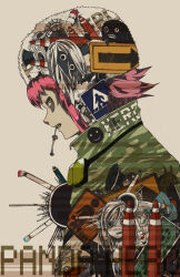 Rule 34 | 1girl, alternate color, androgynous, apple, apple core, collage, facepaint, food, fruit, fur hat, goggles, goggles around neck, green eyes, green jacket, gumi, hat, highres, horosuke, jacket, looking at viewer, panda hero (vocaloid), pink hair, short hair, solo, song name, songover, vocaloid, white background