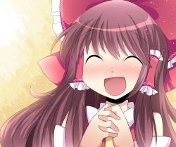 Rule 34 | 1girl, ^ ^, bad id, bad pixiv id, blush, bow, brown hair, closed eyes, detached sleeves, closed eyes, face, female focus, hair bow, hair tubes, hakurei reimu, hammer (sunset beach), own hands clasped, long hair, open mouth, own hands together, solo, touhou