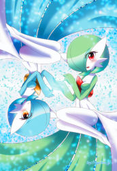 Rule 34 | 2girls, alternate color, blue hair, blush, breasts, creatures (company), game freak, gardevoir, gen 3 pokemon, green hair, hair over one eye, holding hands, looking at viewer, medium breasts, multiple girls, nintendo, open mouth, pokemon, pokemon (creature), red eyes, shiny and normal, shiny pokemon, shiratsuki (royal moon), short hair, smile, watermark, web address, yellow eyes