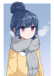 Rule 34 | 1girl, :o, absurdres, blue background, blue hair, blush, border, commentary request, eyebrows hidden by hair, gradient background, grey scarf, hair bun, highres, long sleeves, looking at viewer, parted lips, partial commentary, purple eyes, sailor collar, scarf, shima rin, simple background, single hair bun, solo, steam, sweater, takanashi (user vxxe8777), upper body, white border, white sailor collar, yellow sweater, yurucamp