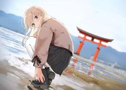 Rule 34 | 1girl, alternate costume, black footwear, black skirt, blonde hair, blue eyes, blurry, blurry background, blush, boots, day, dirty footwear, hair between eyes, highres, jacket, kabayaki namazu, kantai collection, long hair, long sleeves, looking at viewer, outdoors, pantyhose, parted lips, pink jacket, pleated skirt, puddle, skirt, sky, solo, squatting, torii, u-511 (kancolle)