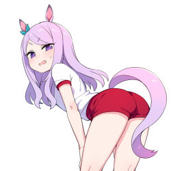 Rule 34 | 1girl, animal ears, blue hair, blush, bow, chan co, cowboy shot, ear bow, from side, hands on own knees, highres, horse ears, horse girl, horse tail, leaning forward, looking at viewer, looking to the side, medium hair, mejiro mcqueen (umamusume), open mouth, purple eyes, red shorts, shirt, short sleeves, shorts, sidelocks, simple background, solo, standing, sweat, tail, thighs, umamusume, white background, white shirt