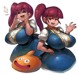 Rule 34 | 1girl, breasts, brown eyes, collarbone, dragon quest, dragon quest builders 2, hand on own hip, highres, large breasts, long hair, looking at viewer, open mouth, pink hair, puffy sleeves, ruru (dqb2), side ponytail, slime (dragon quest), upper body, vest, zako (arvinry)