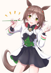 Rule 34 | 1girl, absurdres, animal ears, ascot, becherry, black skirt, blush, brown hair, buttons, chop, chopsticks, clover hair ornament, commentary request, cowboy shot, double-breasted, fine motion (umamusume), green vest, hair between eyes, hair ornament, highres, holding, holding chopsticks, horse ears, horse girl, horse tail, jacket, looking at viewer, medium hair, multicolored hair, no gloves, open mouth, simple background, skirt, smile, solo, streaked hair, tail, umamusume, vest, white ascot, white background, white hair, white jacket