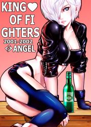 Rule 34 | 1girl, alcohol, angel (kof), beer, blue eyes, boots, breasts, cleavage, cropped jacket, fingerless gloves, gloves, hair over one eye, highres, jacket, k.c, large breasts, midriff, navel, short hair, solo, the king of fighters, thighhighs, underwear, white hair
