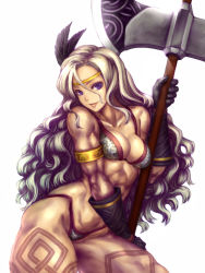 Rule 34 | 1girl, amazon (dragon&#039;s crown), armlet, armor, bikini armor, blonde hair, boots, breasts, circlet, dragon&#039;s crown, feathers, gloves, halberd, jewelry, katagiri (a1466502), long hair, muscular, muscular female, polearm, smile, solo, tattoo, thick thighs, thighs, weapon