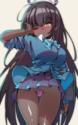 Rule 34 | 1girl, black hair, blue archive, blue bow, blue bowtie, blush, bow, bowtie, closed mouth, dark-skinned female, dark skin, halo, karin (blue archive), long hair, looking at viewer, one eye closed, purple halo, school uniform, simple background, solo, standing, thighs, very long hair, yellow eyes, yuacalo