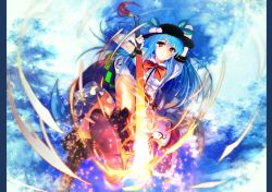 Rule 34 | 1girl, bad id, bad pixiv id, blue hair, blue sky, boots, cibo (killy), cloud, flaming sword, flaming weapon, food, fruit, hat, hinanawi tenshi, long hair, looking at viewer, peach, puffy short sleeves, puffy sleeves, red eyes, shirt, short sleeves, skirt, sky, smile, solo, sword of hisou, touhou, very long hair