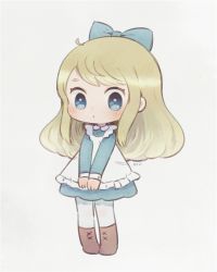Rule 34 | 1girl, ayu (mog), blonde hair, blue bow, blue dress, blue eyes, blush, bow, brown footwear, dress, full body, hair bow, long hair, long sleeves, looking at viewer, original, pantyhose, parted lips, shoes, signature, simple background, solo, v arms, white background, white pantyhose