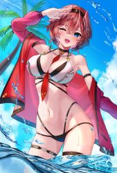 Rule 34 | 1girl, armpits, bikini, blue eyes, blush, breasts, gloves, hair between eyes, head wings, highres, hololive, inari (ambercrown), jacket, large breasts, looking at viewer, midriff, multicolored hair, navel, necktie, one eye closed, open mouth, pink hair, short hair, smile, solo, streaked hair, swimsuit, takane lui, virtual youtuber, wading, wet, wings