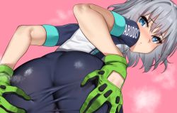 Rule 34 | 1girl, ass, ass focus, bent over, bike shorts, blue archive, blue eyes, blush, closed mouth, dot mouth, from behind, grey hair, hair intakes, hands on own ass, highres, looking at viewer, looking back, medium hair, parted lips, pink background, ramanda, shiroko (blue archive), shiroko (cycling) (blue archive), short sleeves, solo, spread ass, steaming body
