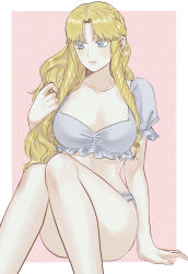 Rule 34 | 1girl, arm support, bare arms, blonde hair, blue eyes, braid, breasts, cleavage, collarbone, convenient leg, drill hair, earrings, feet out of frame, frilled sleeves, frills, hand up, highres, holding, holding hair, jewelry, knees up, konjiki no gash!!, large breasts, long hair, looking at hand, looking away, outside border, ozaki (tsukiko3), panties, parted lips, puffy short sleeves, puffy sleeves, red background, ringlets, sherry belmont, short sleeves, side drill, sitting, solo, twin drills, underwear, wavy hair, white panties