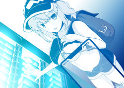 Rule 34 | 1girl, backpack, bag, battery indicator, blue theme, blush, breasts, cellphone, clothes lift, commentary request, cowboy shot, dutch angle, flat cap, hair bobbles, hair ornament, hat, highres, kagiyama shachou, kawashiro nitori, large breasts, looking at viewer, medium hair, monochrome, open mouth, phone, shirt lift, short shorts, shorts, sidelocks, solo, tank top, touhou, two side up, underboob, vending machine, wifi symbol