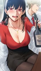 Rule 34 | +++, 1boy, 1girl, :d, absurdres, alcohol, black hair, black pantyhose, black skirt, blush, bottle, bra, bra peek, breasts, cleavage, collarbone, collared shirt, commentary, drunk, earrings, glint, gold earrings, hairband, heavy breathing, hews, highres, holding, holding bottle, jewelry, large breasts, long hair, long sleeves, looking at viewer, necklace, necktie, open mouth, pantyhose, pencil skirt, red eyes, red necktie, red shirt, saliva, shawl, shirt, shirt tucked in, sitting, skirt, smile, solo focus, spy x family, straight hair, sweat, teeth, twilight (spy x family), underwear, upper teeth only, white hairband, white shirt, yor briar