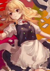 Rule 34 | 100th black market, 1girl, ahoge, apron, asanagi ron, black hat, black vest, blonde hair, bow, buttons, card, closed mouth, commentary request, cowboy shot, from above, hat, hat bow, highres, kirisame marisa, long hair, lying, multicolored buttons, on back, puffy short sleeves, puffy sleeves, red bow, red eyes, shirt, shirt bow, short sleeves, smile, solo, touhou, unworn hat, unworn headwear, vest, waist apron, white apron, white bow, white shirt, witch hat