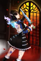 Rule 34 | 1girl, aura, backless dress, backless outfit, black hair, bloodstained: ritual of the night, blue eyes, breasts, brown hair, crystal rose, delica (vinebooru), dress, flame aura, gauntlets, glitch, goth fashion, gradient hair, hair between eyes, hair ornament, highres, large breasts, looking at viewer, miriam (bloodstained), multicolored hair, mushroom, orange sky, pale skin, petals, plant, reflection, reflective floor, rose petals, runes, sky, solo, sword, tattoo, two-tone hair, vines, vinesauce, vineshroom, weapon, window