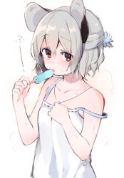 Rule 34 | 1girl, :p, akagashi hagane, alternate costume, alternate hairstyle, animal ears, blush, camisole, clenched hand, collarbone, food, from side, grey hair, hair between eyes, hair ornament, half updo, hand on own chest, holding, holding food, hot, ice cream, jewelry, licking, looking at viewer, mouse ears, multicolored background, nazrin, necklace, pendant, pink background, popsicle, red eyes, ribbon-trimmed clothes, ribbon-trimmed shirt, ribbon trim, sanpaku, shirt, short hair, solo, strap slip, summer, sweat, tongue, tongue out, touhou, two-tone background, upper body, white background, white shirt