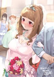 Rule 34 | 1boy, 3girls, ^ ^, blush, bouquet, breasts, bridal gauntlets, bridal veil, bride, brown hair, cleavage, closed eyes, dress, dutch angle, closed eyes, flower, formal, full-face blush, glint, head out of frame, highres, hojo karen, holding, holding another&#039;s arm, holding bouquet, idolmaster, idolmaster cinderella girls, kamiya nao, light particles, light rays, looking at another, medium breasts, menea, multiple girls, necktie, pink dress, producer (idolmaster), red eyes, shibuya rin, solo focus, suit, tiara, veil, wedding dress
