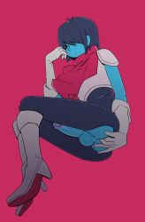 Rule 34 | 1boy, anal, anal fingering, blue skin, colored skin, deltarune, fingering, fridge (artist), highres, kris (deltarune), male focus, male penetrated, penis, pink background, simple background, solo, testicles, trap, uncensored