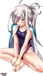 Rule 34 | 1girl, asashimo (kancolle), barefoot, black one-piece swimsuit, blue one-piece swimsuit, blush, collarbone, competition swimsuit, dated, feet, flat chest, grey eyes, grey hair, hair over one eye, highres, indian style, jacket, kantai collection, long hair, one-piece swimsuit, open mouth, ponytail, sharp teeth, simple background, sitting, soles, solo, swimsuit, teeth, toes, tsuchimiya, white background