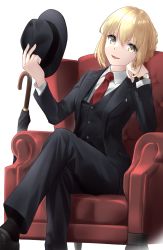 Rule 34 | 1girl, absurdres, alternate costume, artoria pendragon (all), artoria pendragon (fate), black hat, black pants, black suit, blonde hair, braid, business suit, fate/grand order, fate (series), fedora, formal, french braid, hat, highres, holding, holding clothes, holding hat, long sleeves, necktie, pants, red necktie, saber alter, shirt, sitting, solo, suit, tsurupy, unworn hat, unworn headwear, watch, white shirt, wristwatch, yellow eyes