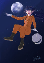 1girl astronaut helmet highres irina_luminesk long_hair moon pink_eyes pointy_ears sky space space_helmet spacesuit star_(sky) starry_sky tsuki_to_laika_to_nosferatu unworn_headwear unworn_helmet vampire zero_gravity